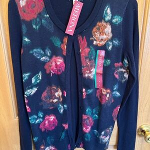 Merona Navy Floral Button-Up Cardigan with Pink & Teal Blooms